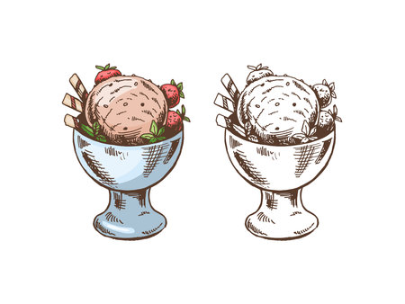A hand-drawn colored and monochrome sketch of ice cream balls in a cup, strawberry. Vintage illustration. Element for the design of labels, packaging and postcards.のイラスト素材