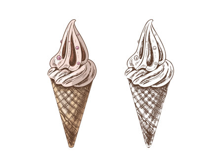 A hand-drawn monochrome and colored sketch of a waffle cup with frozen yogurt or soft ice cream with pastry beads. Vintage illustration. Element for the design of labels, packaging and postcards.のイラスト素材