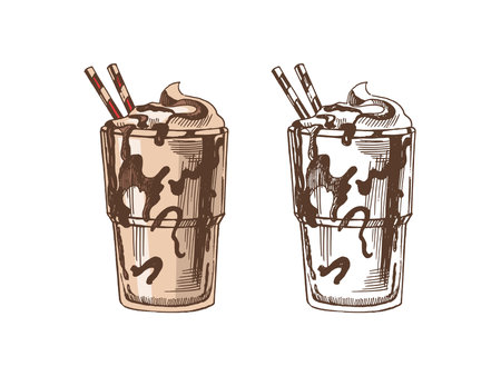 A hand-drawn colored and monochrome sketch of glass of chocolate milkshake. Vintage, doodle illustration. Element for the design of labels, packaging and postcards.のイラスト素材
