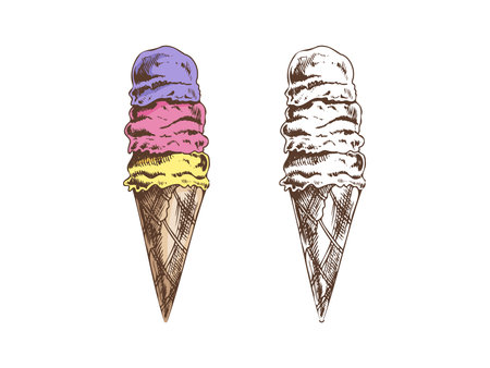 Hand-drawn colored and monochrome sketch set of waffle cones with frozen yogurt or cup with multi - layered ice cream. Vintage illustration. Element for labels, packaging and postcards.のイラスト素材