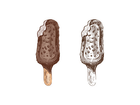A hand-drawn colored and monochrome sketch of ice creamのイラスト素材