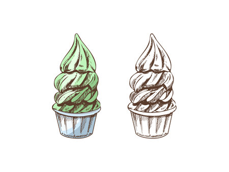 A hand-drawn colored and monochrome sketch of frozen yogurt or soft ice cream in a cup. Vintage illustration. Element for the design of labels, packaging and postcards.のイラスト素材