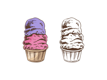 A hand-drawn colored and monochrome sketch of frozen yogurt or soft ice cream, cupcake in a cup. Vintage illustration. Element for the design of labels, packaging and postcards.のイラスト素材