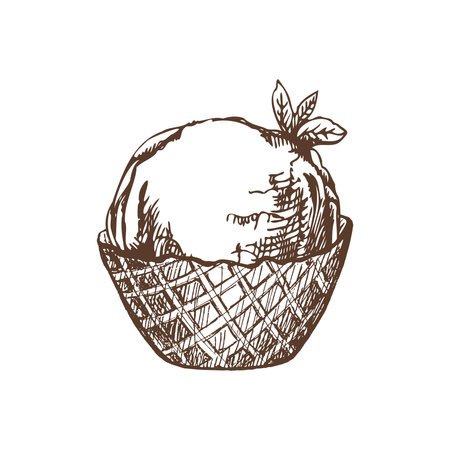 A hand-drawn sketch of a waffle basket with frozen yogurt or ice cream with mint leaves. Vintage illustration. Element for the design of labels, packaging and postcards.のイラスト素材