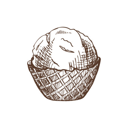 A hand-drawn sketch of a waffle basket with frozen yogurt or ice cream. Vintage illustration. Element for the design of labels, packaging and postcards.のイラスト素材