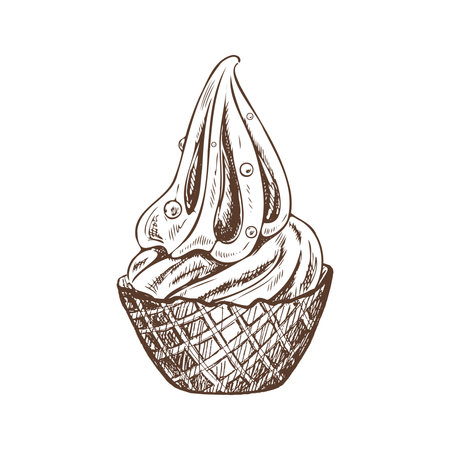 A hand-drawn sketch of a waffle basket with frozen yogurt or soft ice cream with pastry beads. Vintage illustration. Element for the design of labels, packaging and postcards.のイラスト素材