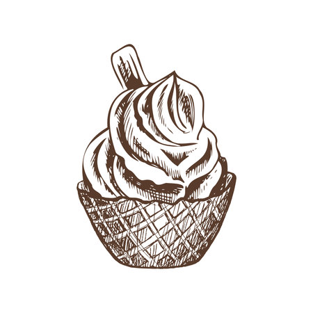 A hand-drawn sketch of a waffle basket with frozen yogurt or ice cream with cookies. Vintage illustration. Element for the design of labels, packaging and postcards.のイラスト素材