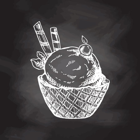 A hand-drawn sketch of a waffle basket with frozen yogurt or soft ice cream with waffle tubes on chalkboard background. Vintage illustration. Element for the design of labels, packaging.のイラスト素材
