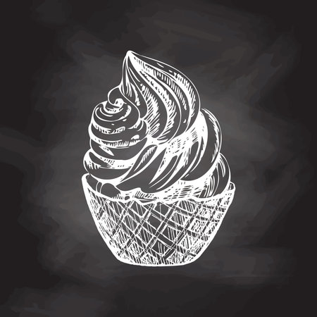 A hand-drawn sketch of a waffle basket with frozen yogurt or soft ice cream on chalkboard background. Vintage illustration. Element for the design of labels, packaging and postcards.のイラスト素材