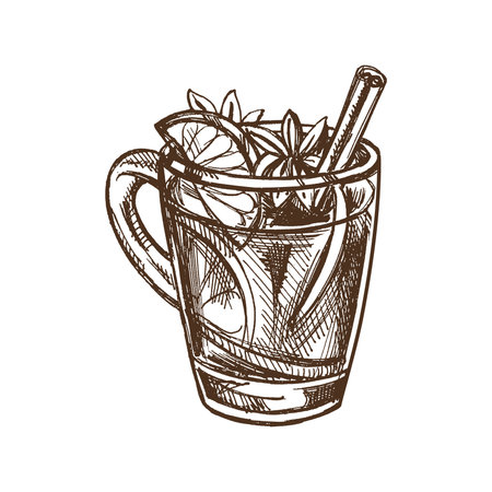 Hand-drawn sketch of mug with mulled wine. Vector food drawing. A warming drink. Traditional Christmas drink. Vintage cozy seasonal holidays. Good for menu.のイラスト素材
