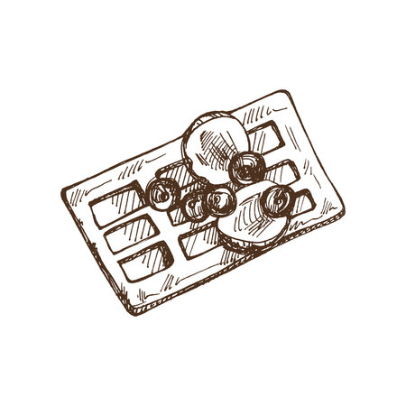 Hand-drawn sketch of Belgium waffles with fresh berries isolated on white background. Vector food drawing. Traditional dessert. Vintage cozy seasonal holidays. Good for menu.のイラスト素材