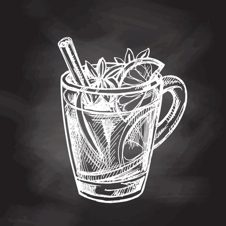 Hand-drawn sketch of mug with mulled wine on chalkboard background. Vector food drawing. A warming drink. Traditional Christmas drink. Vintage cozy seasonal holidays. Good for menu.のイラスト素材