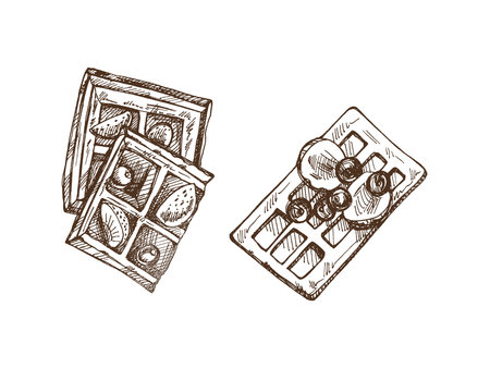 Hand-drawn sketch set of Belgium waffles with fresh berries isolated on white background. Vector food drawing. Traditional dessert. Vintage cozy seasonal holidays. Good for menu.のイラスト素材