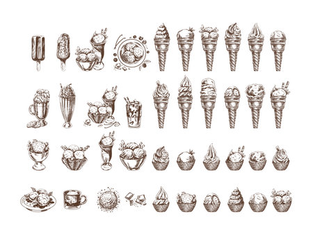 Big hand-drawn sketch of ice cream or frozen yoghurt in waffle cups and cones, milkshakes, ice cream on a stick, cookies. Element for labels, packaging and postcards. Sweet food.のイラスト素材