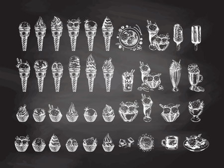 Big hand-drawn sketch of ice cream or frozen yoghurt in waffle cups and cones, milkshakes, ice cream on a stick, cookies on chalkboard background. Element for labels, packaging and postcards. Sweet food.のイラスト素材