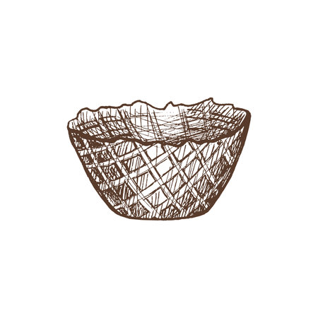 Hand-drawn sketch of waffle cup, basket for ice cream. Element for labels, packaging and postcards. Sweet food.のイラスト素材
