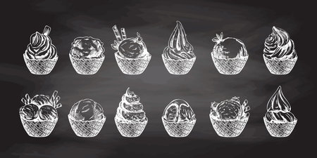 Hand-drawn sketch of ice cream balls, frozen yoghurt in waffle baskets on chalkboard background. Set. Vintage illustration. Elements for labels, packaging and postcards. Sweet food.のイラスト素材