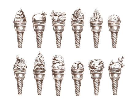 Hand-drawn sketch set of ice cream with different flavors in waffle cones. Element for labels, packaging and postcards. Sweet food.のイラスト素材