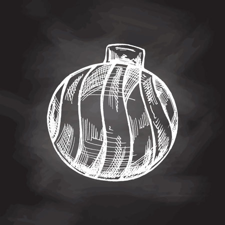 Hand-drawn sketch of Christmas ball isolated on chalkboard, close up of decoration for christmas. Vector vintage drawing. Traditional Cozy Christmas. Object for christmas card, packaging.のイラスト素材
