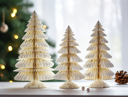 Homemade paper decorations in the form of Christmas trees for Christmas. Handmade, winter, holidays, photorealism. AI generated illustrations.の素材