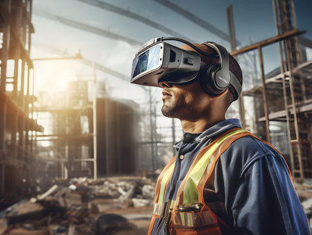 A futuristic architectural engineer, civil engineer wearing an augmented reality headset and overalls on a construction site. Building structures in the background. AI generated illustration.の素材