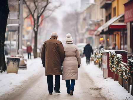 An elderly couple walks hand in hand along a snowy street. The view from the back. The love of the elderly, winter holidays. AI generated illustration.の素材