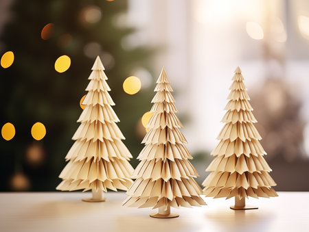 Homemade paper decorations in the form of Christmas trees for Christmas. Handmade, winter, holidays, photorealism. AI generated illustrations.の素材