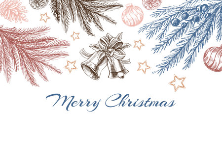 Hand-drawn Christmas template in sketch style. Festive decoration - bells, branches, cones. Vintage design with an empty space for winter holyday. Engraved.のイラスト素材