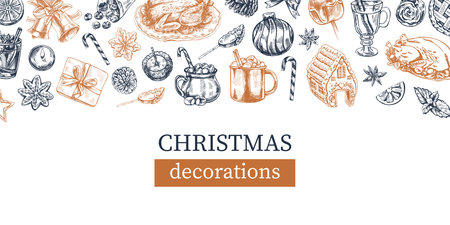 Hand-drawn Christmas template in sketch style. Festive decoration - wreath, gift, sweets, food, Christmas tree decor, drinks and spices sketches. Vintage design with an empty space.のイラスト素材