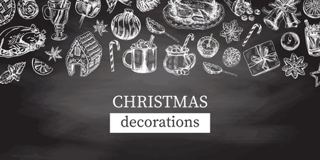 Hand-drawn Christmas template in sketch style. Wreath, gift, sweets, food, Christmas tree decor, drinks and spices on chalkboard background. Vintage design with an empty space.のイラスト素材