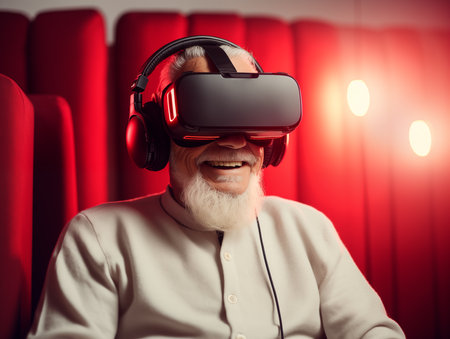 An elderly man is sitting in the living room, wearing virtual reality glasses and smiling. Modern technology and the golden years. A photorealistic image. AI generated illustration.の素材