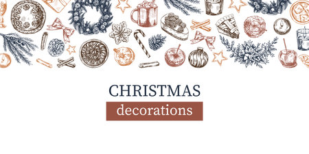 Hand-drawn Christmas template in sketch style. Festive decoration - wreath, gift, sweets, food, Christmas tree decor, drinks and spices. Vintage design with an empty space.のイラスト素材