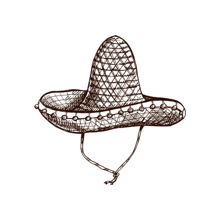 Hand-drawn sombrero sketch. Vintage drawing of hat. Vector black ink outline illustration. Mexican culture, clothes, Latin America.のイラスト素材