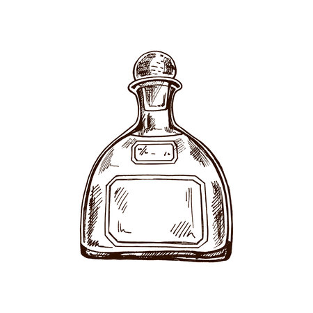 Hand-drawn bottle of tequila. Design element for the menu of bars and restaurants, alcohol stores. Vector sketch illustration in engraving style. Mexican, Latin America.のイラスト素材