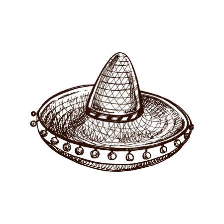 Hand-drawn sombrero sketch. Vintage drawing of hat. Vector black ink outline illustration. Mexican culture, clothes, Latin America.のイラスト素材