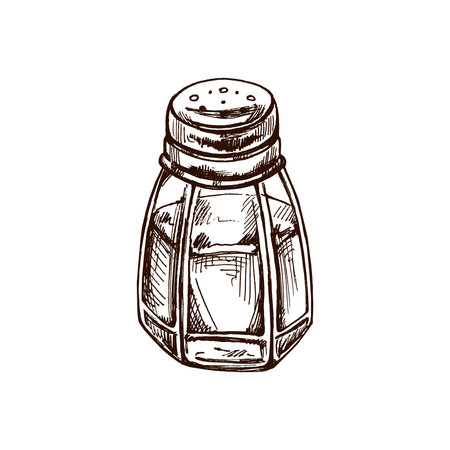 Hand-drawn sketch of glass salt shaker with metal lid. Vintage drawing of salt shaker. Vector black ink outline food sketch illustration. Food, cuisine. An illustration for the menu.のイラスト素材