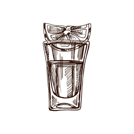 Hand-drawn shot glass with tequila with a slice of lime. Design element for the menu of bars and restaurants, alcohol stores. Vector sketch illustration in engraving style. Mexican, Latin America.のイラスト素材