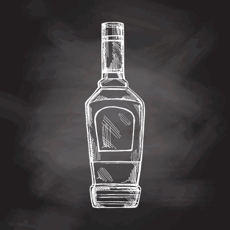 Hand-drawn bottle of tequila on chalkboard background. Design element for the menu of bars and restaurants. Vector sketch illustration in engraving style. Mexican, Latin America.のイラスト素材