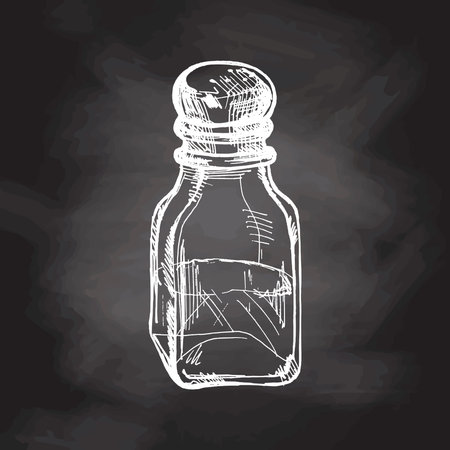 Hand-drawn sketch of glass salt shaker with metal lid on chalkboard background. Vintage drawing of salt shaker. Vector black ink outline food. Food, cuisine. An illustration for the menu.のイラスト素材