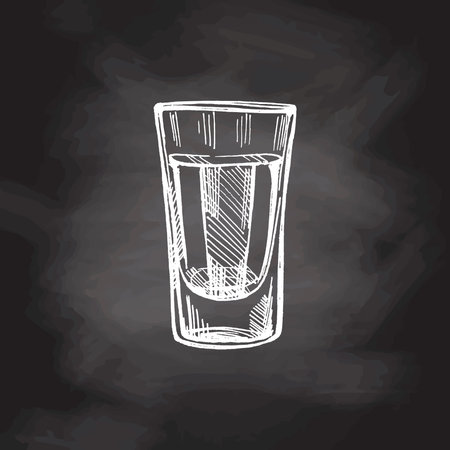 Hand-drawn shot glass with tequila on chalkboard background. Design element for the menu of bars and restaurants. Vector sketch illustration in engraving style. Mexican, Latin America.のイラスト素材