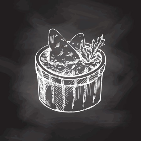 Hand-drawn sketch of bowl with guacamole, nachos and parsley leaves on chalkboard background. Vector black ink food. Mexican food, cuisine. An illustration for menu. Latin America.のイラスト素材