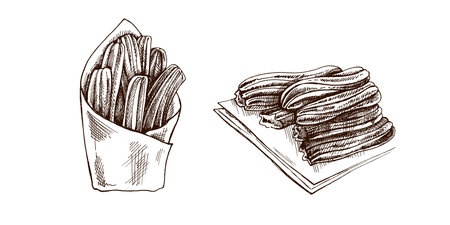 Hand-drawn set of churos in sketch style. Vintage drawing of Mexican dessert. Vector black ink outline food illustration. Mexican food, cuisine. An illustration for the menu. Latin America.のイラスト素材
