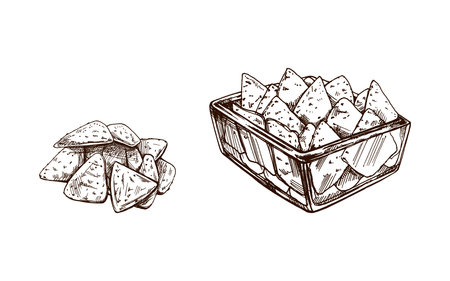 Hand-drawn sketches of nachos in a glass bowl and handful of nachos. Vintage drawing. Vector black ink outline food illustration. Mexican food, cuisine. Illustration for the menu. Latin America.のイラスト素材