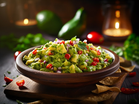 Delicious Mexican guacamole with vegetables, nachos and greens. Traditional food, Latin American, Mexican cuisine. Photorealistic, background with bokeh effect. AI generated.の素材