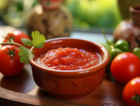 Delicious Mexican salsa sauce with vegetables and greens. Traditional food, Latin American, Mexican cuisine. Photorealistic, background with bokeh effect. AI generated.の素材