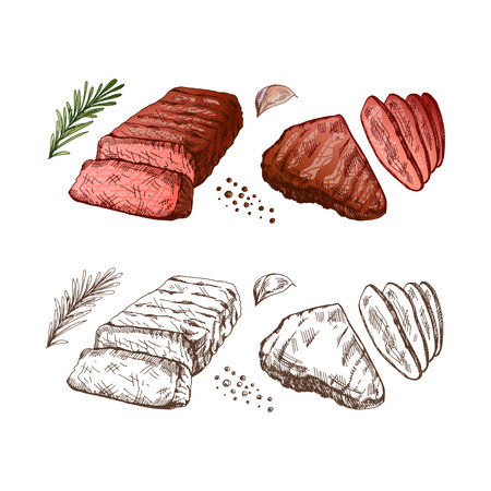 Organic food. Hand drawn colored vector sketch of grilled beef steaks, pieces of meat with rosemary and garlic. Vintage illustration. Decorations for menu. Engraved image.のイラスト素材