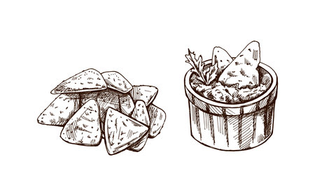 Hand-drawn sketches of bowl with guacamole, nachos and parsley leaves with a handful of nachos. Vintage drawing. Vector food sketch illustration. Illustration for menu. Latin America.のイラスト素材