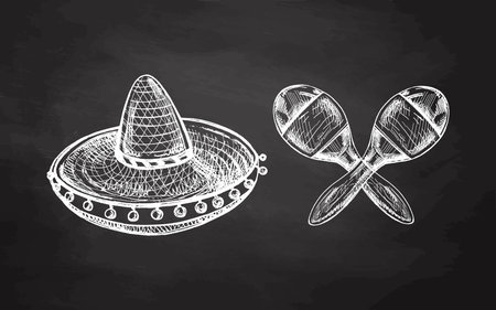 Hand-drawn sketches of maracas and sombrero on chalkboard background. Vintage drawing of hat. Vector black ink outline illustration. Mexican culture, clothes, Latin America.のイラスト素材