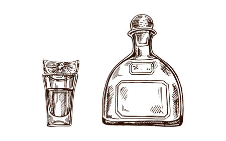 Hand-drawn bottle of tequila and shot glass with tequila with a slice of lime. Design element for the menu of bars and in engraving style. Mexican, Latin America.のイラスト素材