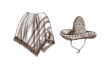 Hand-drawn sketch of realistic Mexican poncho and sambrero. Vintage drawing of Latin American national clothes. Vector black ink outline illustration. Mexican culture. Latin America.のイラスト素材